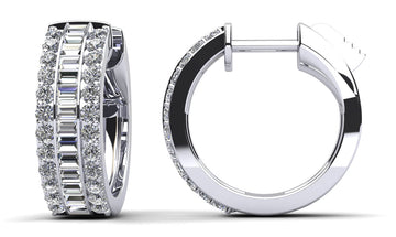 Three Rows Baguette and Round Huggie Hoop Earrings Lab-Grown Diamond  with 0.90 ct.(finished) 1.7x1.2mm, 1.3mm