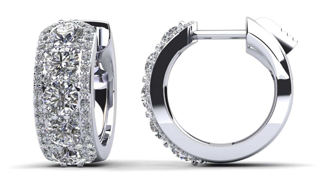 Three Rows Bold and Round Huggie Hoop Earrings Diamond  with 2.04 ct.(finished) 1mm, 3.5mm