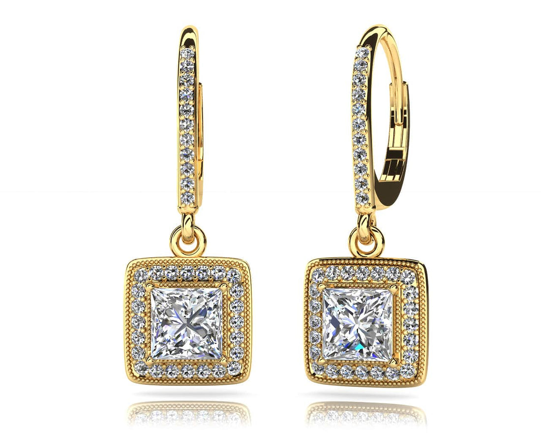 Milgrain Princess Cut Diamond Drop Earrings Diamond  with 1.11 ct. (2X0.40 ct. center diamonds)