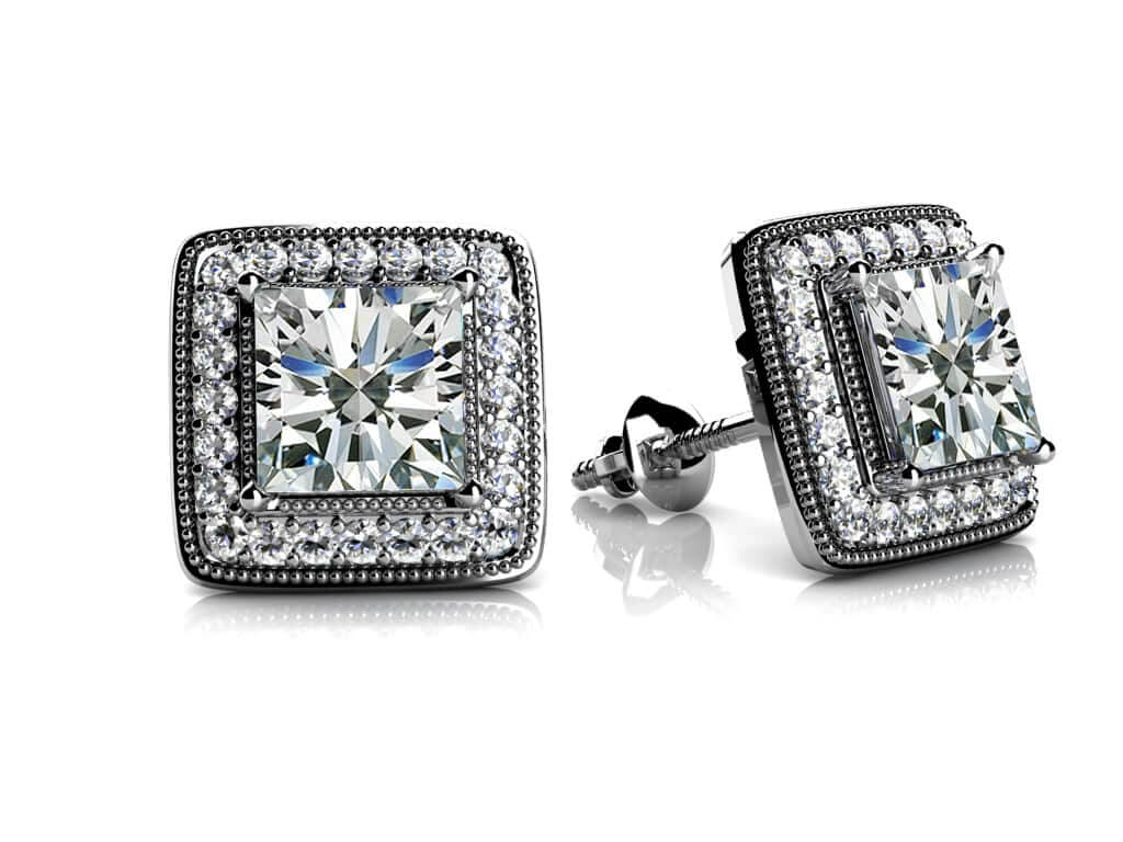 Milgrain Princess Cut Diamond Stud Earrings Diamond  with 1.44 ct. (2X0.60 ct. center diamonds)