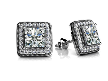 Milgrain Princess Cut Diamond Stud Earrings Lab-Grown Diamond  with 1.94 ct. (2X0.85 ct. center diamonds)