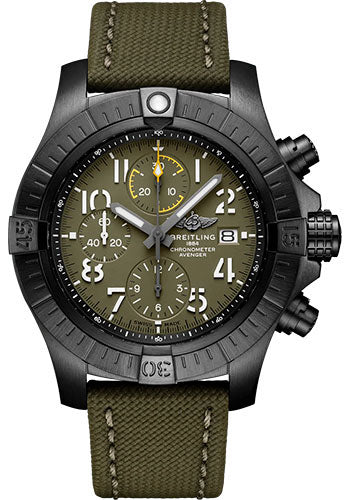 Breitling Avenger Chronograph 45 Night Mission Watch - DLC-Coated Titanium - Green Dial - Khaki Green Calfskin Leather Strap - Tang Buckle - V13317101L1X1