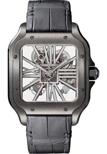 Cartier Santos de Cartier Watch - 39.8 mm Black Steel Case - Skeleton Dial - Black Black Alligator Strap - Both Bracelet - WHSA0009