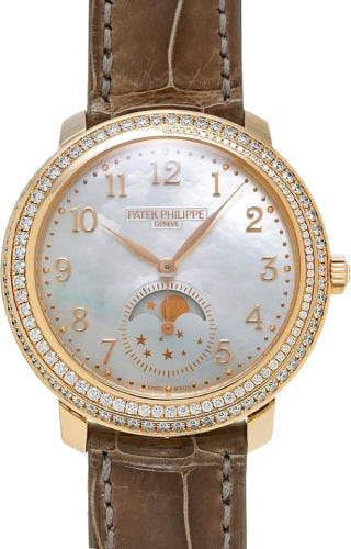 Patek Philippe Complications Diamond Ribbon Joaillerie Moon Phase Manual Winding Rose Gold Diamond Bezel 33.3mm White Mother of Pearl Dial Alligator Leather Strap | 4968R-001