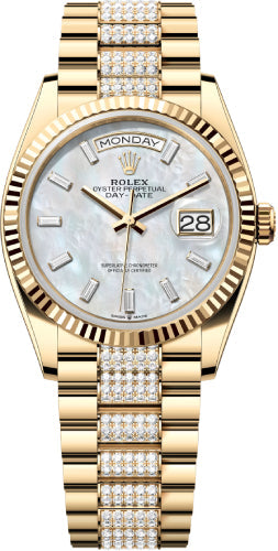 Rolex Day-Date 36 36mm White MOP Diamond-Set Dial Fluted Bezel with Diamond-Set President Bracelet - 128238