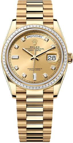 Rolex Day-Date 36 36mm Champagne Diamond Dial Diamond-Set Bezel President Bracelet - 128398TBR