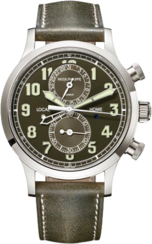 Patek Philippe Complications Calatrava Pilot Travel Time Chronograph White Gold Khaki Green Dial | 5924G-010